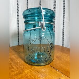 Antique Banner Trade-Mark Wide Mouth Bail Wire Mason Jar Blue Rare 20oz